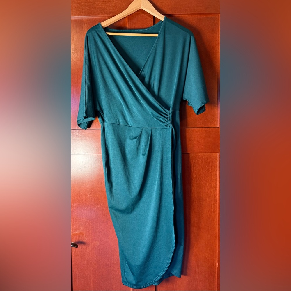 Emerald Green Faux Wrap Dress With Tulip Hem NWOT